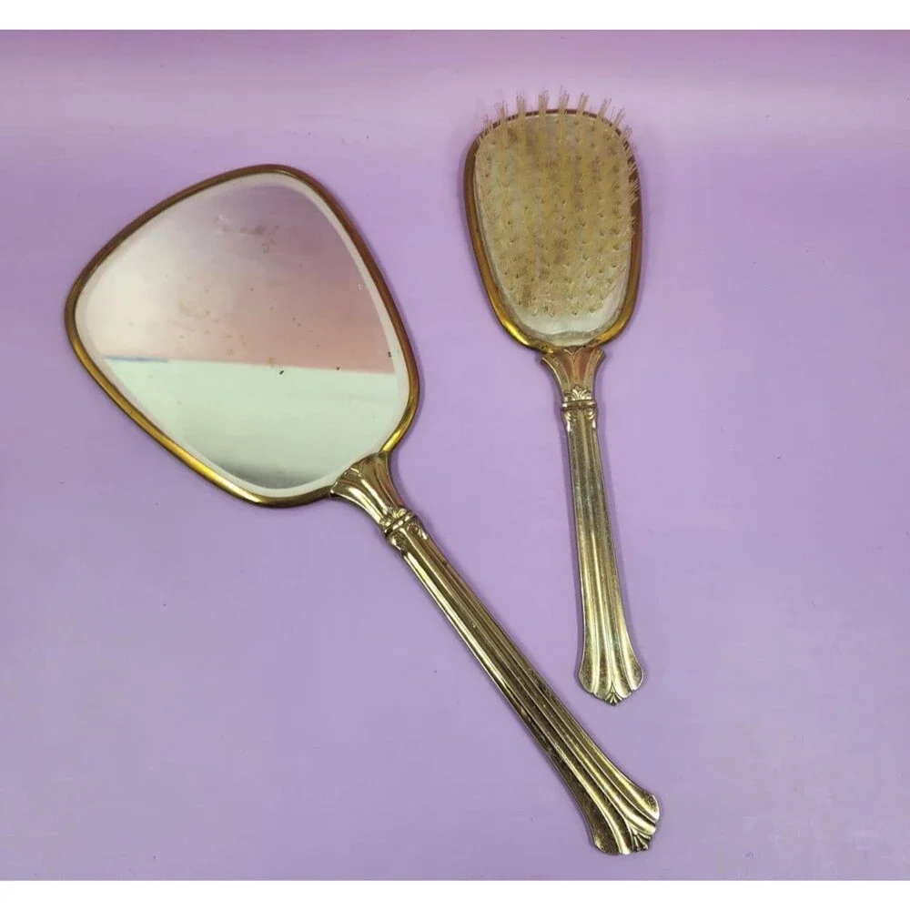 Mid-Century Gold-Tone Hand Mirror & Hairbrush Set Metallic Paisley Fabric Backs